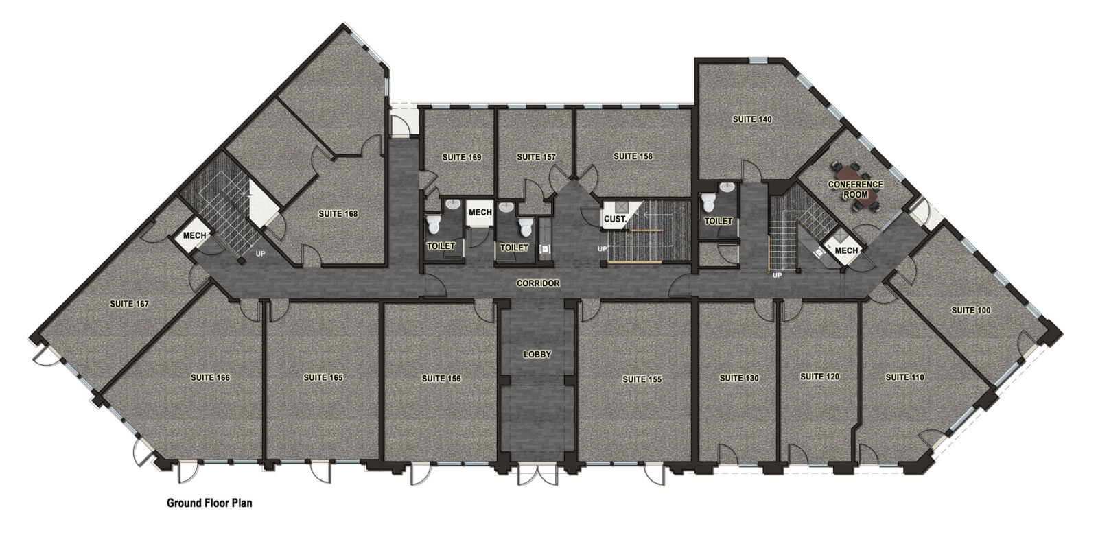 A ground floor plan of several suites