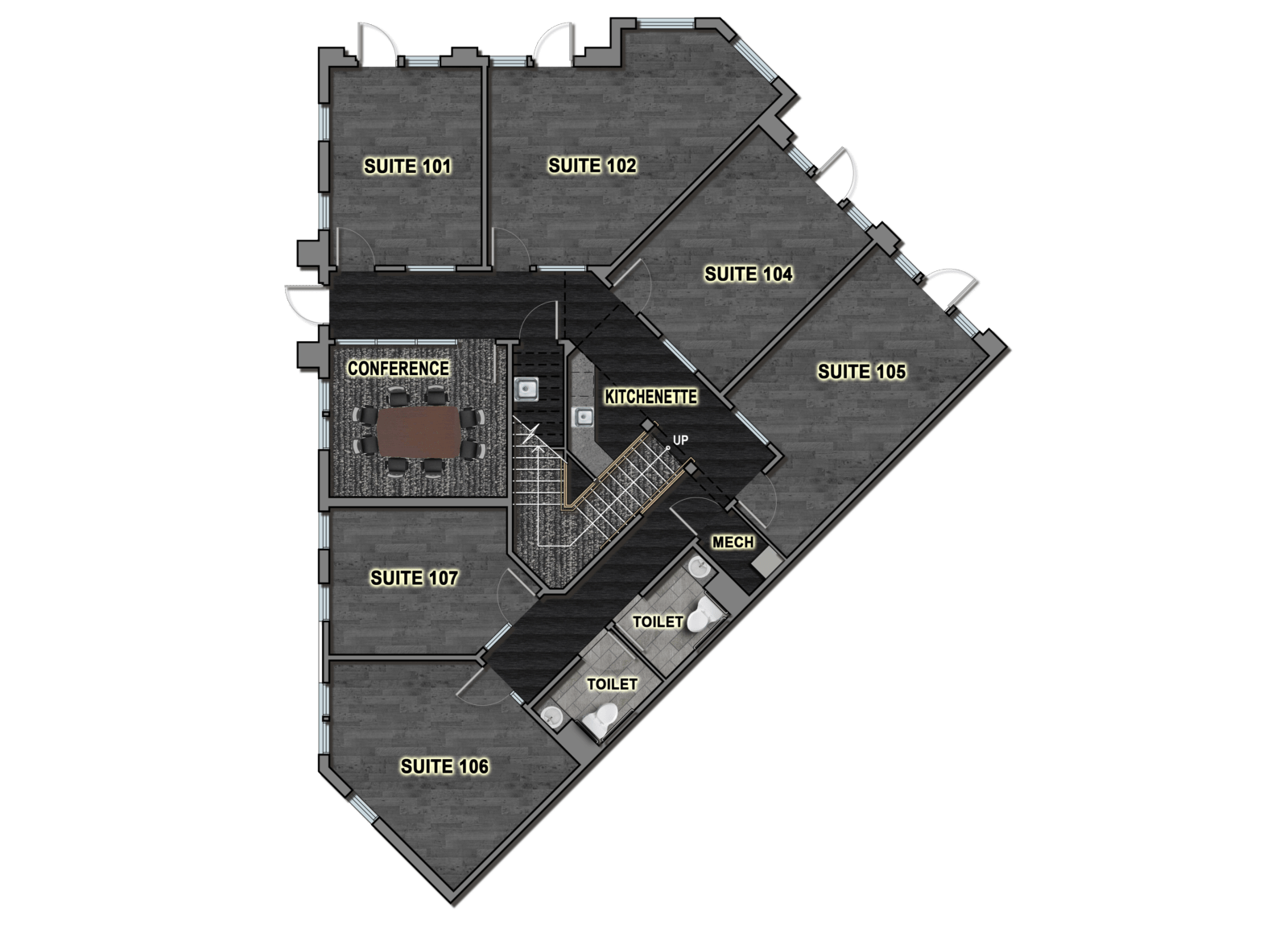 A floor plan of suites with a conference room and kitchenette