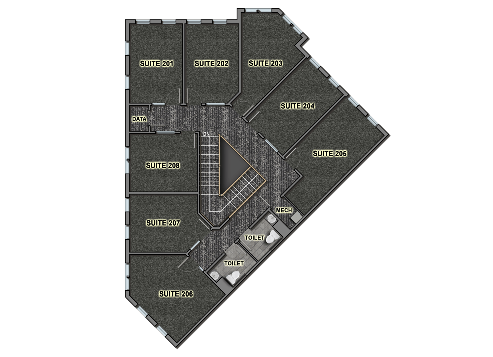 A floor plan of the second floor of suites